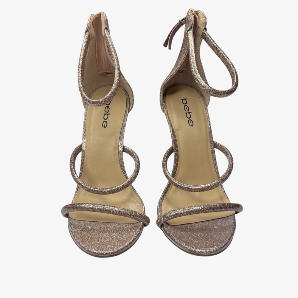 Bebe Women’s Berdine Pink Glitter Ankle Strap Zip Open Toe Heels, Sandals, 7.5
